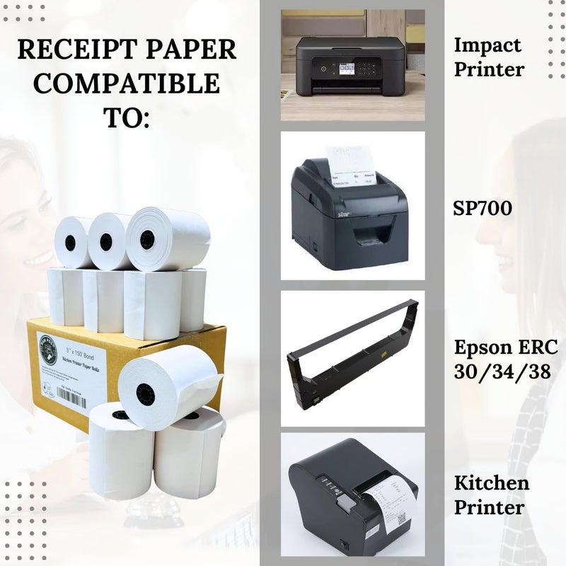 BAM POS Bright White 3"" x 150' 1-Ply Bond Receipt Paper Rolls (12 Rolls) - Image 4